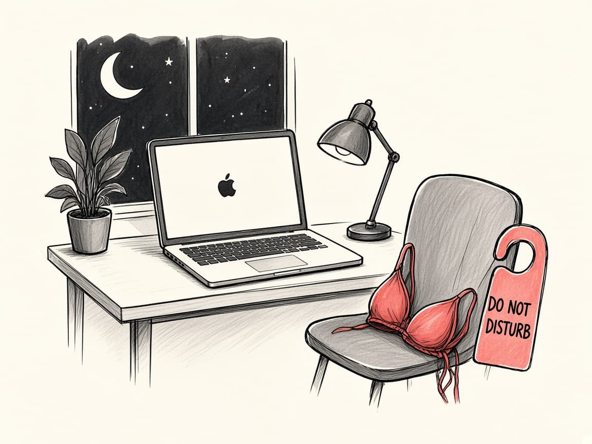 Late-night desk with a MacBook, moonlit window, lamp, and a Do Not Disturb hang