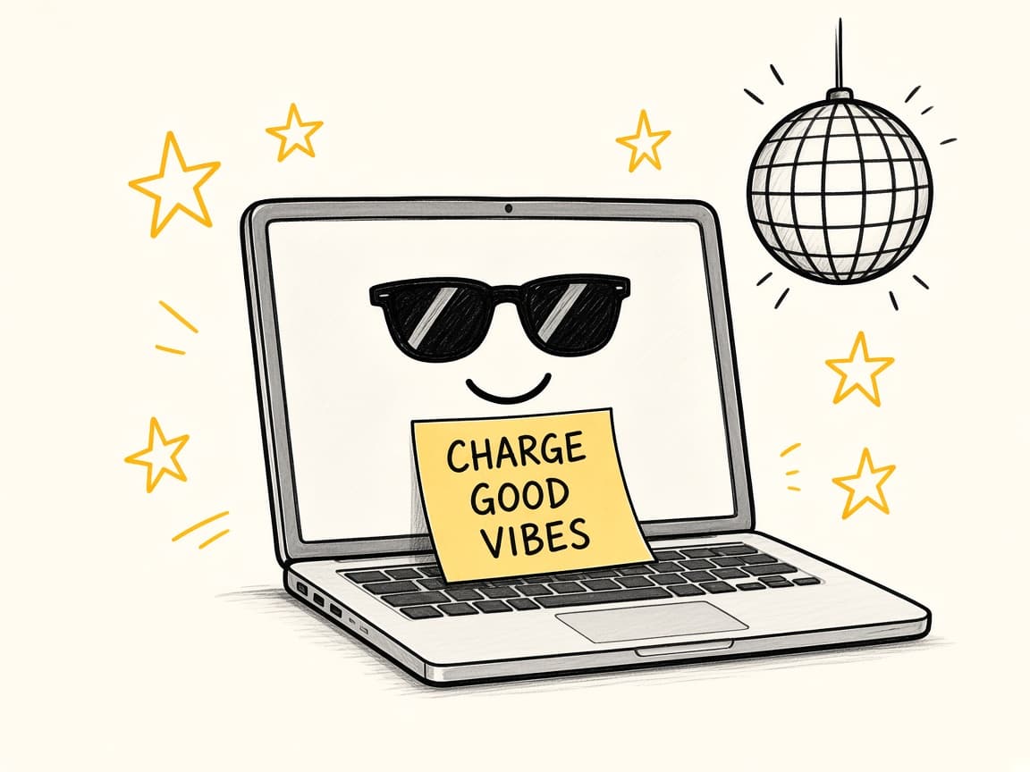 Smiling MacBook in sunglasses with stars, a disco ball, and a Charge Good Vibes note